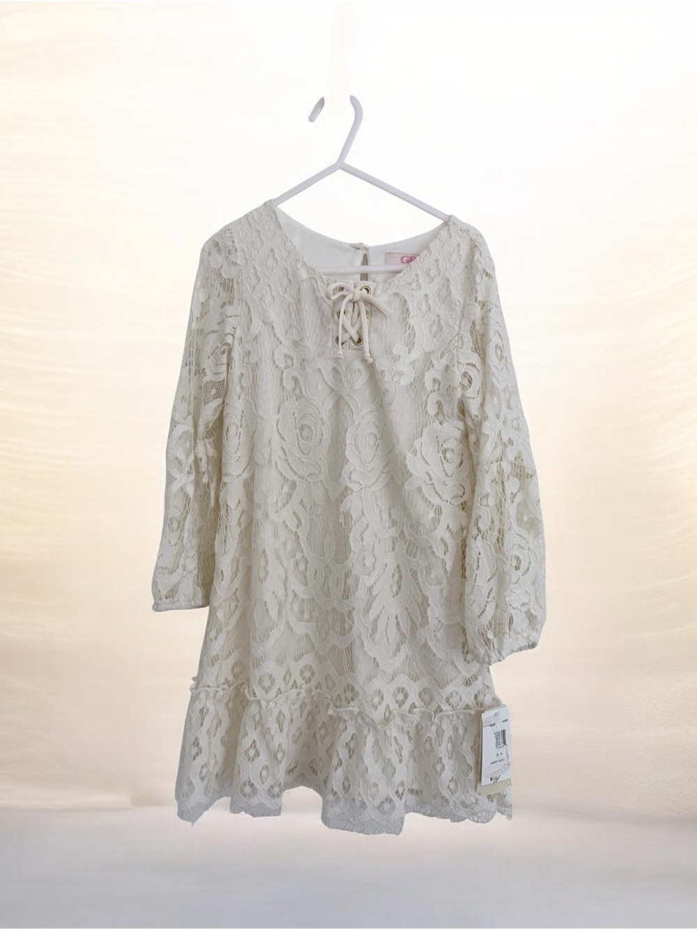 GB girls Ivory Lace Tunic with Pink Logo Tag